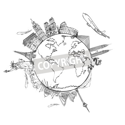 Sticker Zeichnen der Traum Reise um die Welt in einem Whiteboard