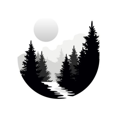 Sticker Zeichnung schwarz-weißer Wald und Sonne