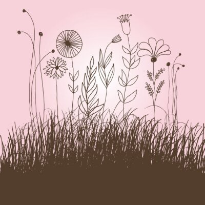 Sticker Zeichnung von Blumen auf einem rosa Hintergrund