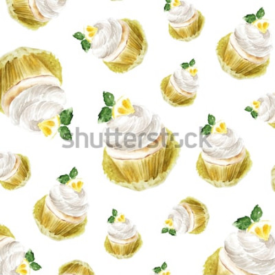 Sticker Zitronenkleiner kuchen mit Sahne Minze, Aquarellillustrations-Muffinnachtisch. Kunstdruck, Mode-Skizze. Bäckerei süße Kuchen Obst Zitrusfrüchten