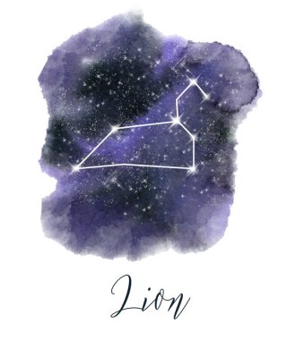 Sticker Zodiac sign Leo. Dark blue hand drawn watercolor night sky with stars. Rough, artistic edges. Raster version.