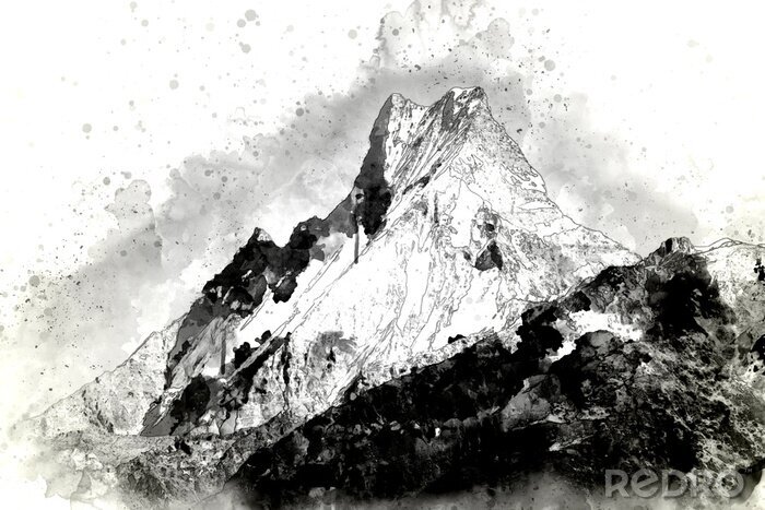 Sticker Zusammenfassung Bergkette in monotone, digitale Aquarellmalerei