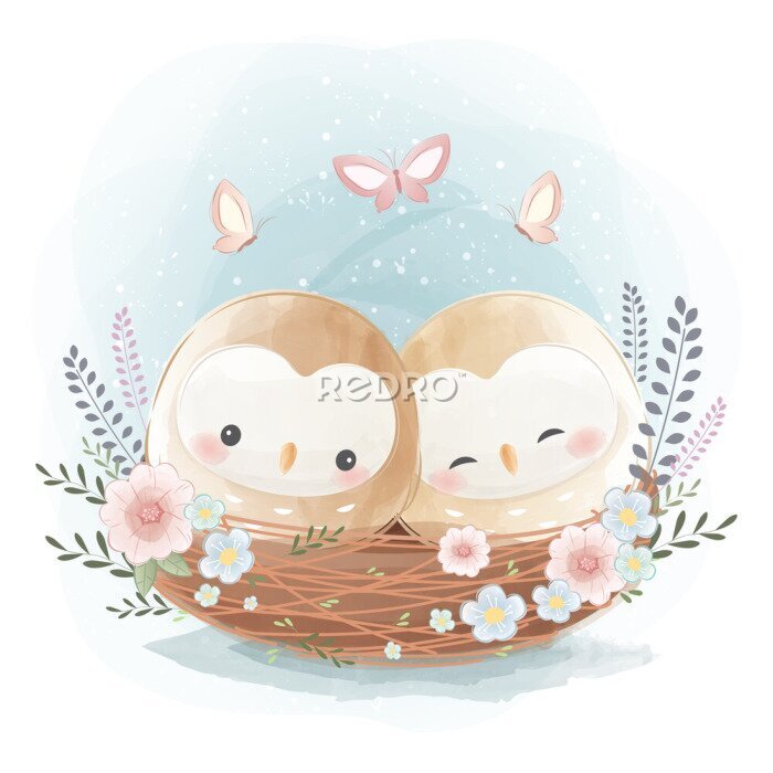 Sticker Zwei niedliche Eulen in einem Nest am Aquarell-Hintergrund