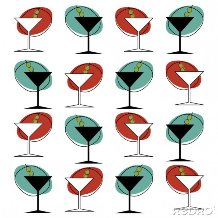 Tapete 1950s style martini glass repeating pattern illustration