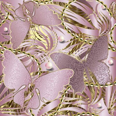 Tapete 3d glittery butterflies seamless pattern. Abstract textured rose gold background. Repeat striped backdrop. Floral jewelry shiny ornament. Stripes, pearls, beads,  flowers, butterflies. Ornate design