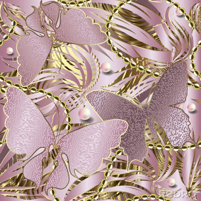 Tapete 3d glittery butterflies seamless pattern. Abstract textured rose gold background. Repeat striped backdrop. Floral jewelry shiny ornament. Stripes, pearls, beads,  flowers, butterflies. Ornate design
