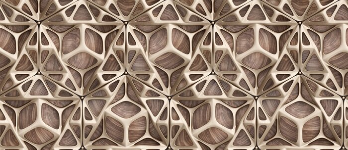 Tapete 3d glossy golden frame tiles on precious wood background with golden spheres.High quality seamless realistic texture.