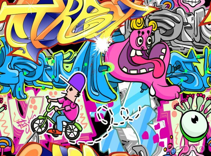 Tapete 3D Graffiti mit Monstern