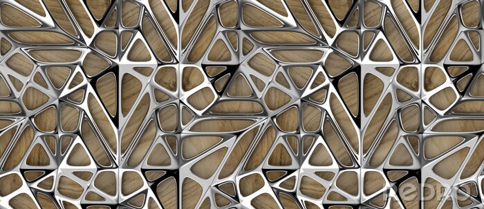 Tapete 3d silver lattice tiles on wooden oak background