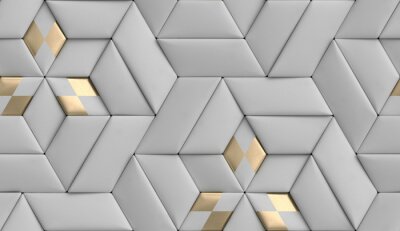 Tapete 3D wallpaper of 3D soft geometry tiles made from gray leather with golden decor. High quality seamless realistic texture.