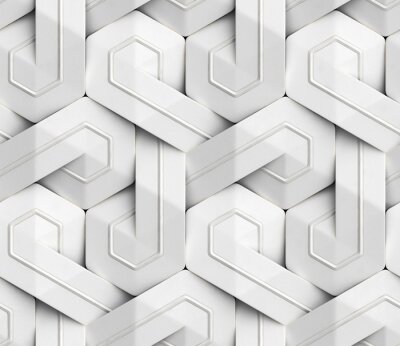 Tapete 3D Wallpaper of white 3D panels geometric knot with white decor stripes. Shaded geometric modules. High quality seamless texture.