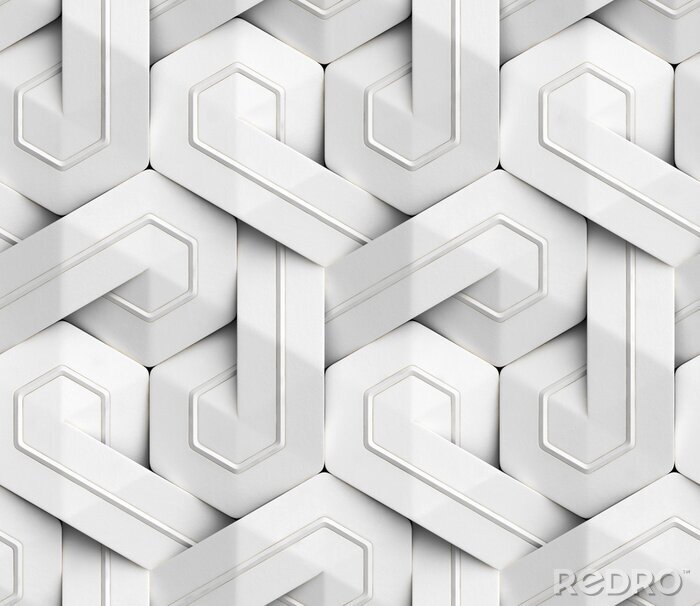 Tapete 3D Wallpaper of white 3D panels geometric knot with white decor stripes. Shaded geometric modules. High quality seamless texture.