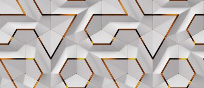 Tapete 3D white panels with red gold decor elements. Shaded geometric modules. High quality seamless design texture