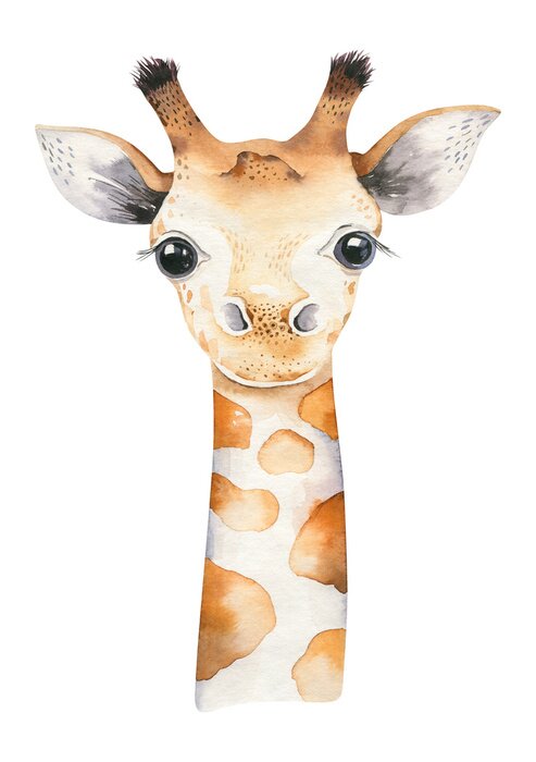 Tapete A poster with a baby giraffe. Watercolor cartoon giraffetropical animal illustration. Jungle exotic summer print.