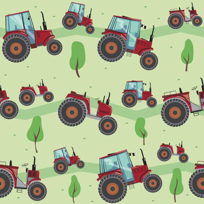 Tapete A Seamless pattern with a red tractor and trees on a green background, flat vector stock illustration for children or boys as a backdrop for printing on fabric, textile or wallpaper