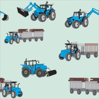 Tapete A seamless pattern with blue construction tractors on a green background