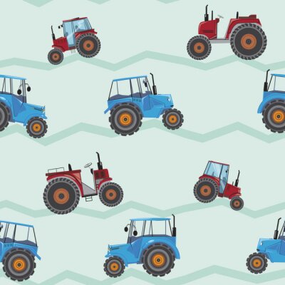 Tapete A seamless pattern with farm tractors, a vector stock illustration with red and blue flat agricultural machines for printing