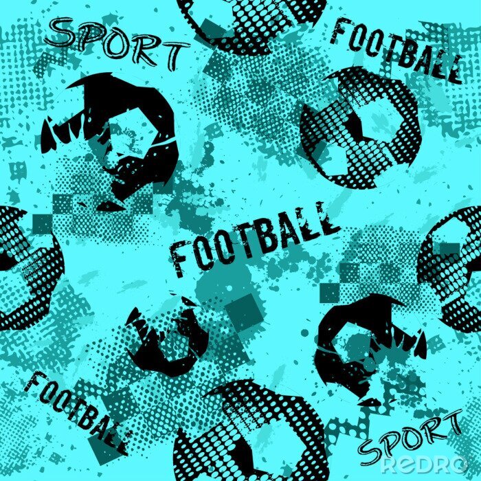 Tapete Abstract seamless football pattern for boys. Sport football pattern. Grunge sport urban backdrop with football ball. Sport wallpaper on black background with multicolor spots. Repeated pattern.