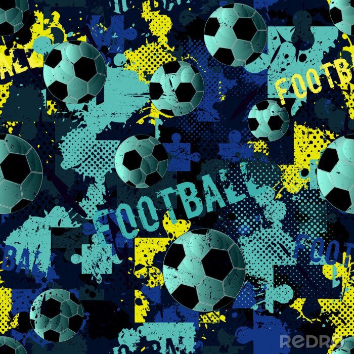 Tapete Abstract seamless football pattern for boys. Sport football pattern. Grunge sport urban backdrop with football ball. Sport wallpaper on black background with multicolor spots. Repeated pattern.