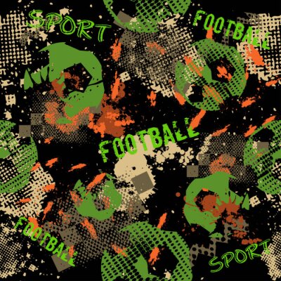 Tapete Abstract seamless football pattern for boys. Sport football pattern. Grunge sport urban backdrop with football ball. Sport wallpaper on black background with multicolor spots. Repeated pattern.