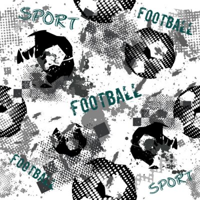 Tapete Abstract seamless football pattern for boys. Sport football pattern. Grunge sport urban backdrop with football ball. Sport wallpaper on black background with multicolor spots. Repeated pattern.