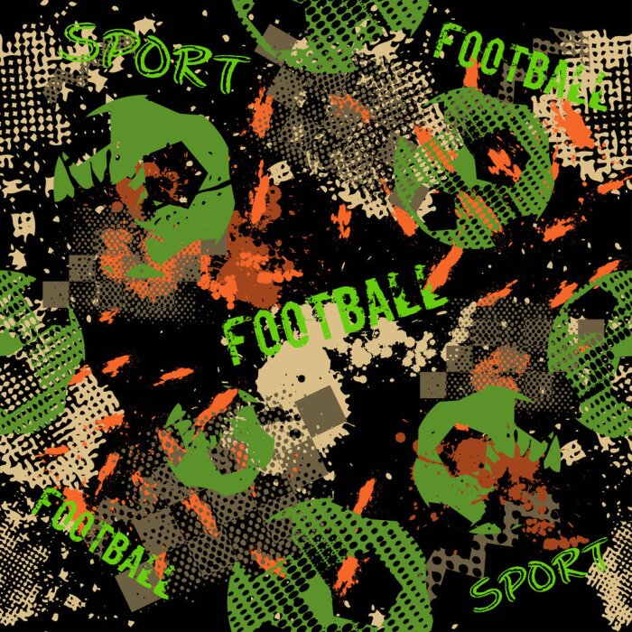 Tapete Abstract seamless football pattern for boys. Sport football pattern. Grunge sport urban backdrop with football ball. Sport wallpaper on black background with multicolor spots. Repeated pattern.
