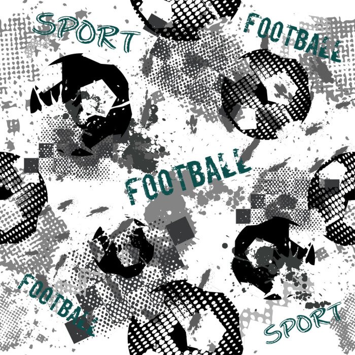 Tapete Abstract seamless football pattern for boys. Sport football pattern. Grunge sport urban backdrop with football ball. Sport wallpaper on black background with multicolor spots. Repeated pattern.