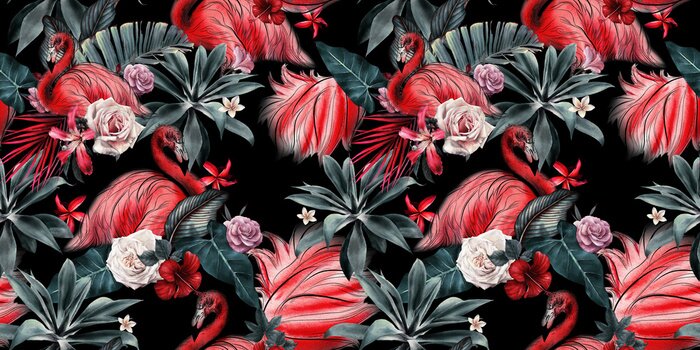 Tapete Abstrakte Flamingos inmitten von tropischen Blumen auf dunklem Hintergrund