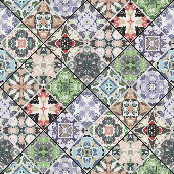 Tapete Abstrakte Muster im Mosaiksatz. Quadratische Fetzen im orientalischen Stil. Vektor-Illustration. Ideal zum Bedrucken von Stoff oder Papier.