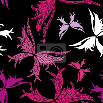 Tapete Abstrakte rosa Schmetterlinge auf schwarzem Hintergrund