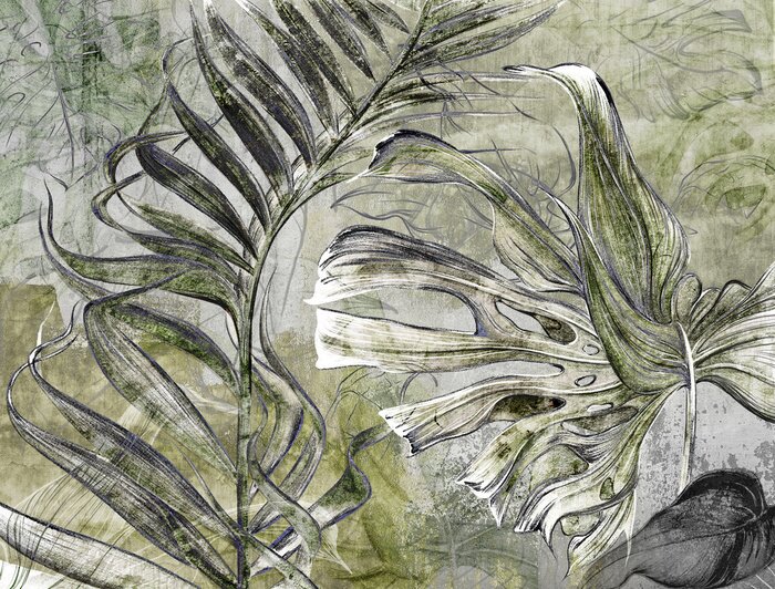 Tapete Abstrakte tropische Blätter auf Beton