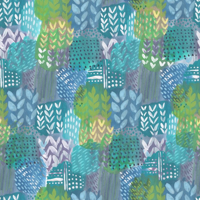 Tapete Abstrakter Druck mit zufälligen Elementen und Aquarellblättern. Exotisches Muster im Babystil. Hand gezeichnet Illustration