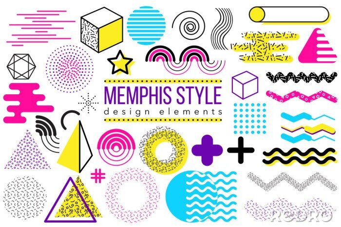 Tapete Abstrakter Vektorgestaltungselementsatz. Geometrische Formen- und Formsammlung Memphis-Art, zum des Plakats, der Broschüre, des Plans, der Schablone oder der Darstellung zu schaffen. Einfach zu kombin