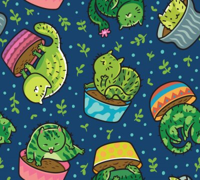 Tapete Abstraktes Design mit Kaktus-Katzen