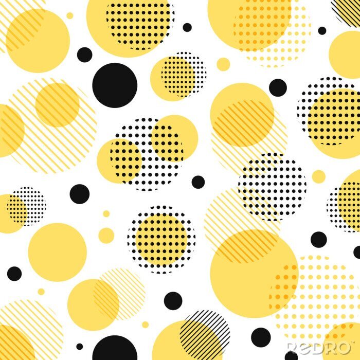 Tapete Abstraktes modernes gelbes, schwarzes Punktmuster mit Linien diagonal auf weißem Hintergrund.