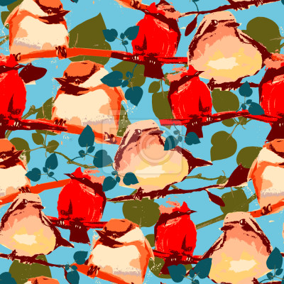 Tapete Abstraktes Muster mit Vögeln auf einem Ast
