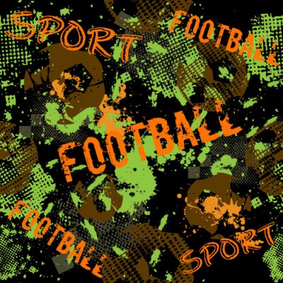 Tapete Abstraktes nahtloses Fußballmuster für Jungen. Sport-Fußball-Muster. Städtischer Hintergrund des Grunge Sports mit Fußballball. Sporttapete auf schwarzem Hintergrund mit Mehrfarbenspots. Wiederholtes 