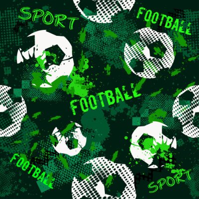 Tapete Abstraktes nahtloses Fußballmuster für Jungen. Sport-Fußball-Muster. Städtischer Hintergrund des Grunge Sports mit Fußballball. Sporttapete auf schwarzem Hintergrund mit Mehrfarbenspots. Wiederholtes 