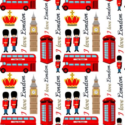 Tapete Abstraktes nahtloses London-Muster für Mädchen oder Jungen. Kreativer Vektorhintergrund mit Soldat, Turm, England. Lustiges Muster für Textil und Stoff. Mode England Stil. Buntes helles Bild