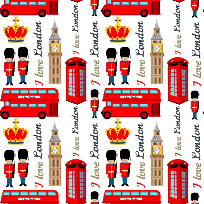 Tapete Abstraktes nahtloses London-Muster für Mädchen oder Jungen. Kreativer Vektorhintergrund mit Soldat, Turm, England. Lustiges Muster für Textil und Stoff. Mode England Stil. Buntes helles Bild