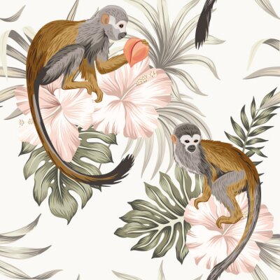 Tapete Affen sitzen auf tropischen Blumen