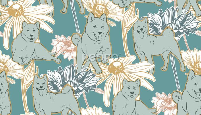 Tapete Akita inu inmitten von Blumen