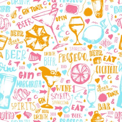 Tapete Alcohol drink pattern design with grunge glasses and lettering. Hand drawn pub background