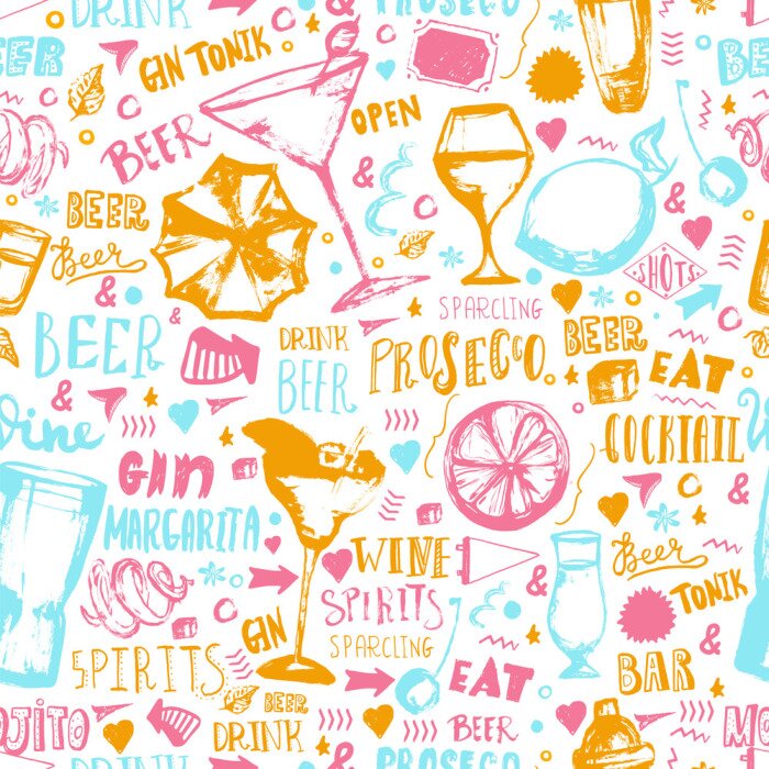 Tapete Alcohol drink pattern design with grunge glasses and lettering. Hand drawn pub background