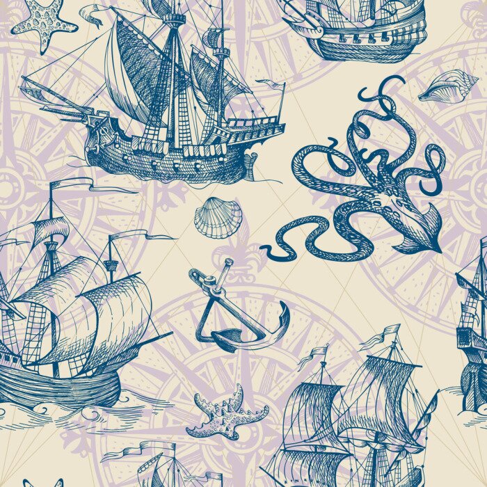 Tapete Alte Caravel, Vintage Segelboot, Seemonster. Vector nahtlose Muster