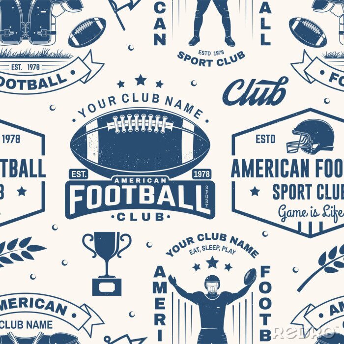 Tapete American football seamless pattern, background. Vector. Seamless sport pattern with sportsman player, helmet, ball and shoulder pads silhouette. American football sport club texture.