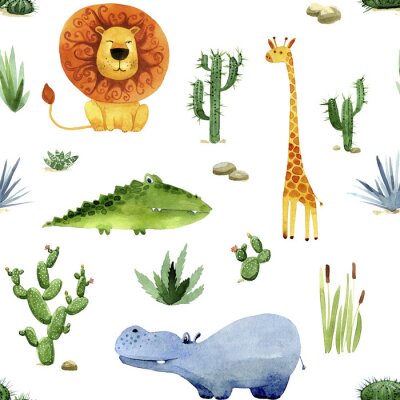 Tapete Aquarell Afrika Tiere und Pflanzen