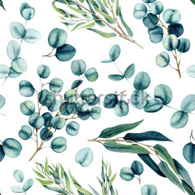 Tapete Aquarell-Blätter auf weißem Hintergrund