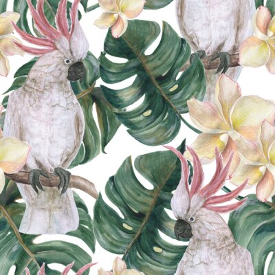 Sticker Aquarell, das nahtloses Muster mit tropischen deliciosa Blättern, Plumeriablumen und Kakadu malt