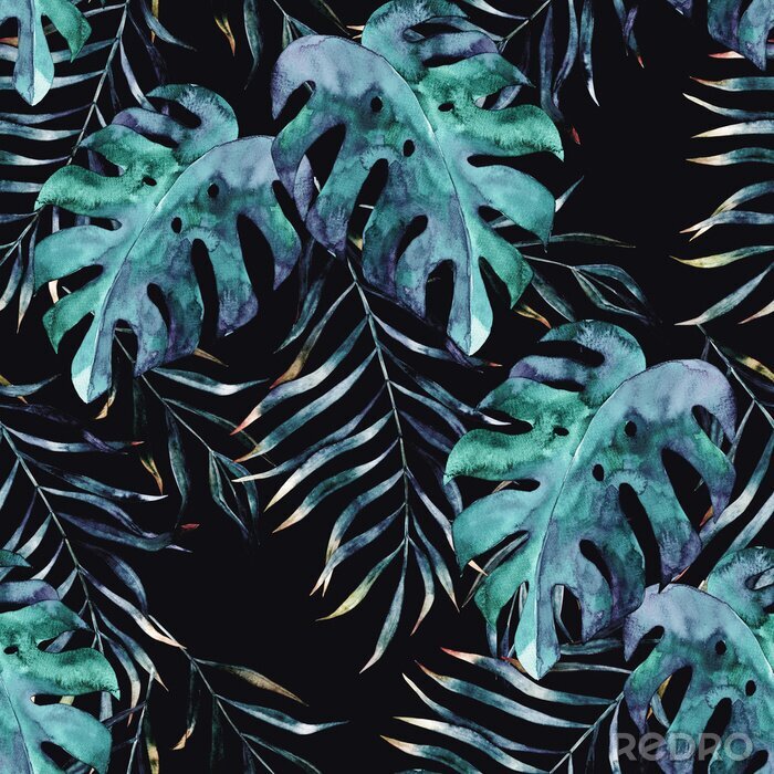 Tapete Aquarell exotischen nahtlose Muster, grüne tropische Blätter, botanische Sommer Illustration auf schwarzem Hintergrund